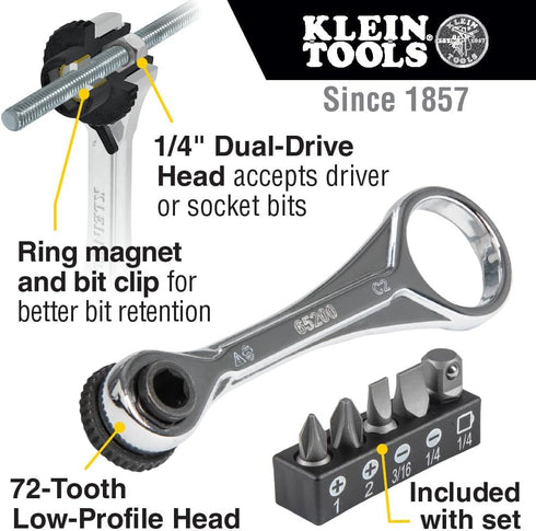 Klein Tools 65200 Ratchet Set, 5-Piece Mini Ratchet Set with Phillips, Slotted, and Adapter for Other Socket Sizes, For Tight Spaces by Klein Tools