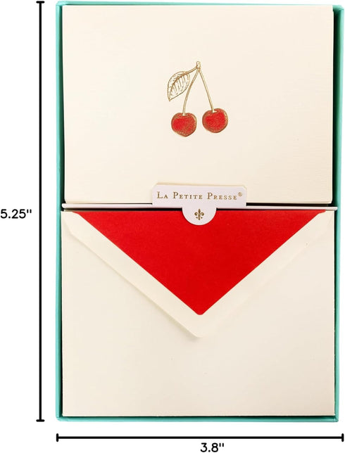 Set, 10 11 5.25" 3.8" Graphique Cherries Designer Cards Luxe Collection, Gold Foil Embossed Stationery Boxed Blank