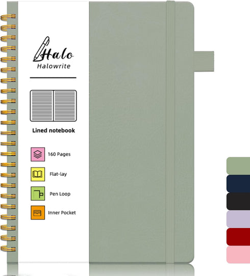 Halowrite Spiral Notebook, Lined Journal for Work, 6"x8.5", Hardcover with Pen Loop, 160 Pages, 100 GSM Thick Paper