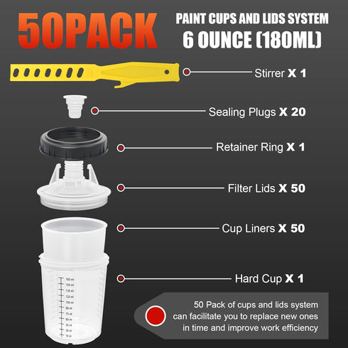 Qopaw 180ml (6oz) 50 125 Paint Spray Gun Disposable Cups System, Automotive Paint Mixing Kit with Lids & Liners, Micron