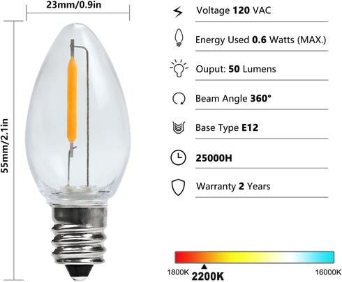 C7 Bulbs, 0.6Watt 7W, E12 Bulbs, 2200K 6 Pack, Non-Dimmable LED Night Light Equivalent to Candelabra Small Base, Edison