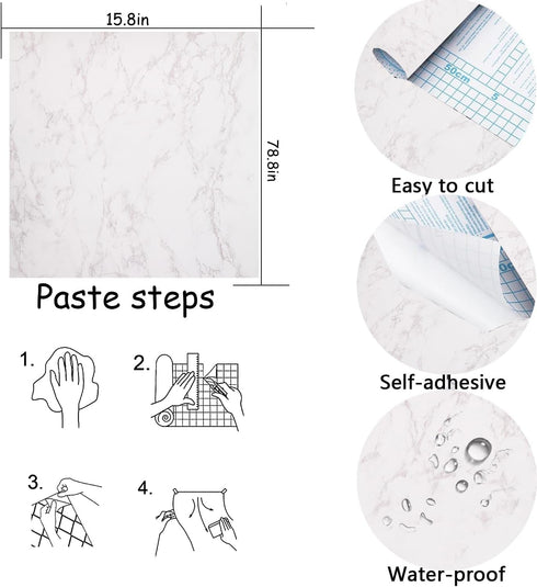 White/Gray Glossy Marble Contact Paper Wallpaper, 15.8"x78.7", Self Adhesive Thick Removable Vinyl for Kitchen