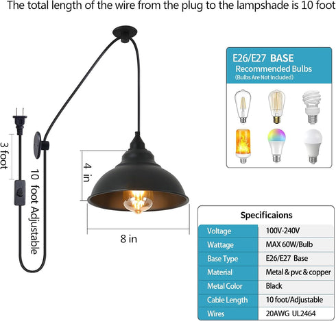 KOLAKODLUX Ma625 Plug in Pendant Light Fixtures Hanging Lamp Shades Hanging Light with Plug in Cord Black Light Corner