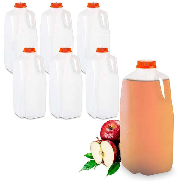 MT Products 64 Oz HDPE Plastic Juice Bottles Set - 6 Bottles & 6 Orange Tamper Evident Caps - Made in USA