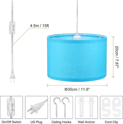 15Ft E26/E27 Bulb PATIKIL Plug in Pendant Light, Rope Cord Hanging Lamp Fixture with ON/Off Switch, Fabric Shade Socket