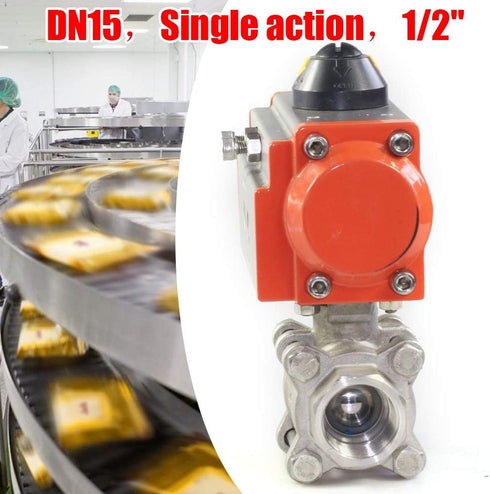 YUASDUU 1/2" 3-Piece DN15 0~1000 Pneumatic Air Actuated Ball Valve, Single-Acting Pneumatic Ball Valve Air Return PSI