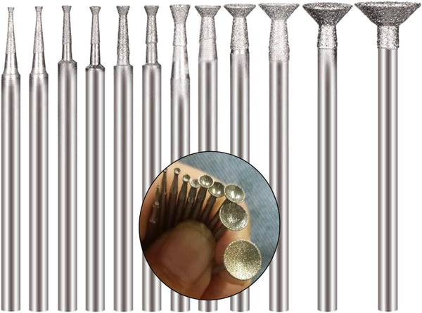 12 Pcs Bowl Shape Diamond Burr Set, 3/32'' Shank Stone Carving Sets for Rotary Tools, Includes Dremel