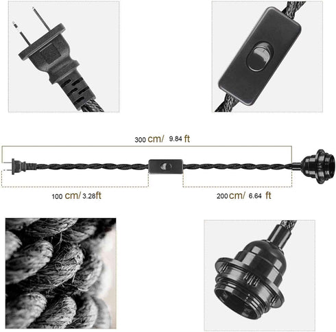 9.84FT E26 Bulb Plug in Hanging Light Fixture with Switch Base Socket, Industrial Pendant Lamp Light Cord with Twisted