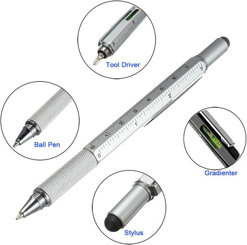 Multi-word 6 in 1 Multi Function Tool Ballpoint Pen, Ruler, Screwdriver, Touch-Screen Pen (3 PCS, Silver)