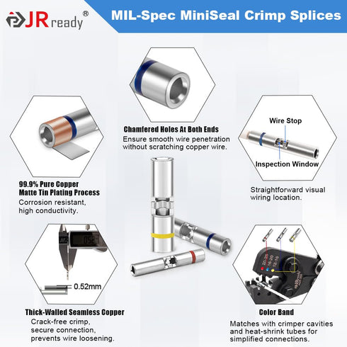 JRready ST6385-16-50 MiniSeal Crimp Splices, 50 Sets Blue Butt Splice Connectors for Wire-to-Wire Splicing