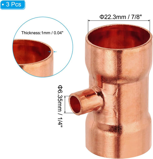 PATIKIL Reducing Tee Copper Fitting, 7/8" x 1/4" x 7/8" ID, 3pcs Pure Copper Pipe Tube Connector
