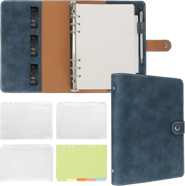 FYY Leather A5 Binder, 6 Ring Notebook, Refillable Planner with Pockets, A5 Dividers, Navy Travel Journal Cover