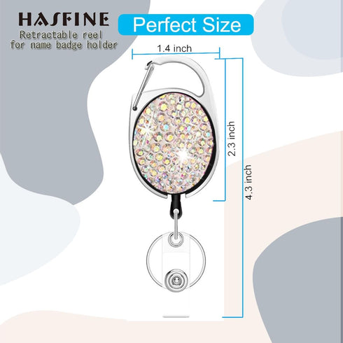 HASFINE Retractable Badge Reel with Colorful Bling Rhinestone Design, Durable Cord, Belt Clip & Key Ring Holder