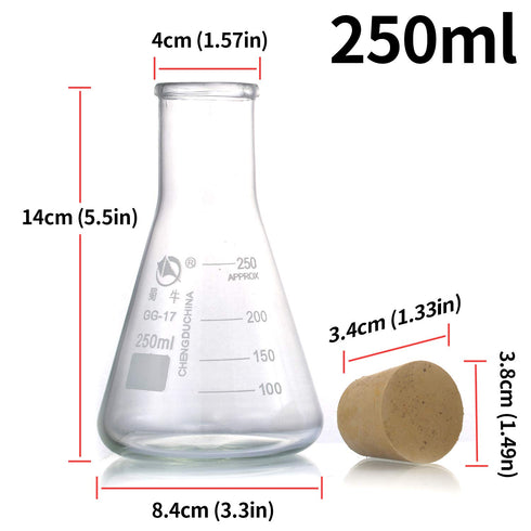 Glass Erlenmeyer Flask Set, (250 ml, 150 ml & 50 ml) Graduated Borosilicate Glass Erlenmeyer Flasks with Rubber Stoppers & Accurate Scales for Lab, Experiment, Chemistry, Science Studies etc