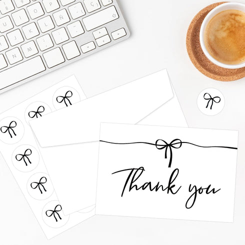 72Pack Set 72Cards, Supplies,46Inch MATJOE Black Bow Thank You Card Includes Black Bow Stickers and White