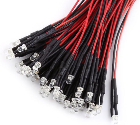 50Pcs 20cm 9-12V Light-3mm) Pre Wired LED Lights White Round Water Clear Diodes Long Wires DC for DIY Car Boat Toys