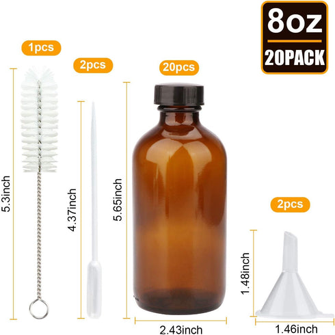 8oz Amber Glass Bottles, 20 Pack with Black Lids, 20 Labels, Funnels, Droppers, and Brush