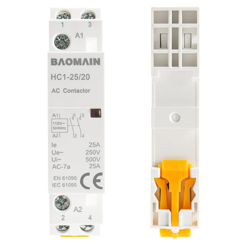 Baomain 110V AC 2-Pole Modular Contactor, 25A 2NO Normally Open, DIN Rail Mount for HVAC, Motor, Pump & Lighting Control