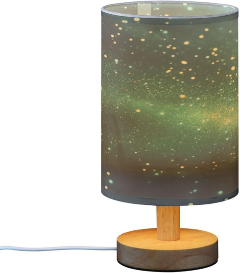 YANENDIE Green Starry Night Bedside Table Lamp, Nightstand Lamp with Linen Fabric Shade - Wooden LED Desk Lamps