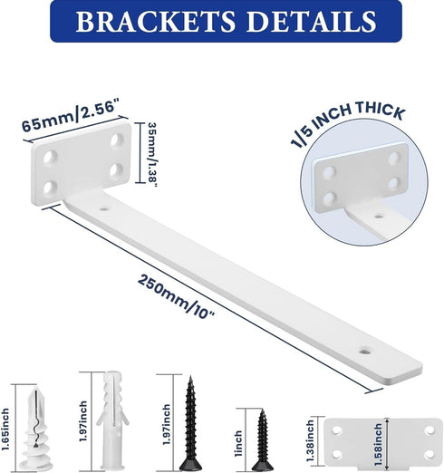 4 Shelves,10'' 1/5" Inch Alise Floating Shelf Brackets White, Pcs L Brackets for Hidden Invisible Shelf Brackets, Thick