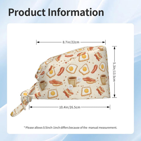 Nurse Scrub Cap Men Women with Buttons - Bacon Coffee Egg Print Soft Comfy Surgical Cap, Adjustable Tie Back Scrub