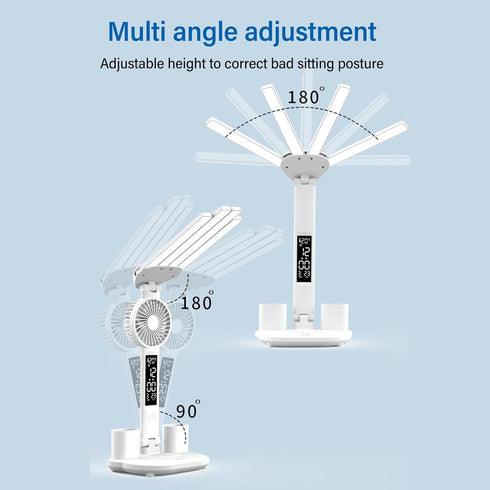 Dimming ZJchao Desk Lamp, LED Desk Lamps with Fans Pen Holder Four Headed Touch Control Stepless Foldable Table Study