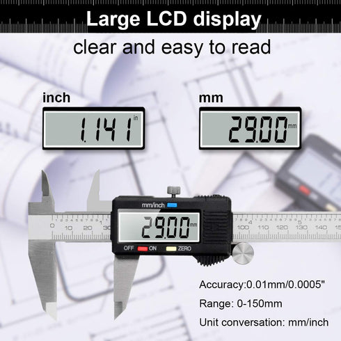Caliper Measuring Tool, Qfun Vernier Digital Caliper Stainless Steel 6 Inch/150mm Waterproof with Large LCD Screen