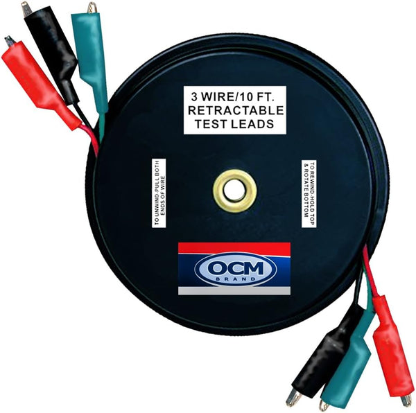 OCM - 3 Wire Retractable Test Leads - 18 Gauge Electrical Copper Wire with Alligator Clips, Impact Resistant Case