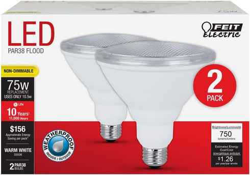 PAR38 Bulb, 75W 750 3000k 10.5W, E26 11,000-Hour PAR3875/10KLED/2, 2 Pack Feit Electric LED Light Equivalent, Lumens