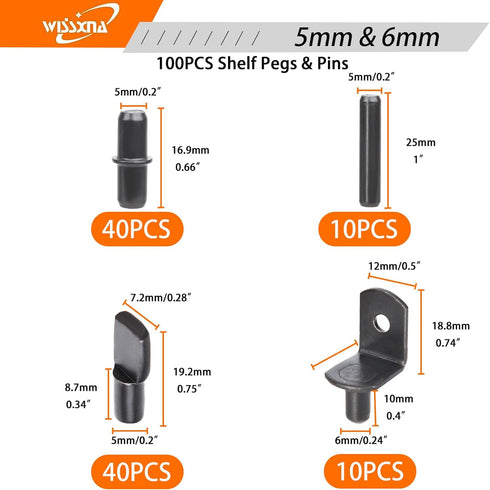 WISSXNA 100Pcs 4 Pins(5mm 6mm) Shelf Pegs for Shelves, Styles Shelf Pins Kitchen Cabinet Shelf Pegs,Black Shelf Holders