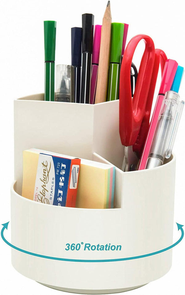 Desk Pencil Pen Holder, 3 Slots 360-Degree Rotating Organizer for Home, Office, School, Kids, White