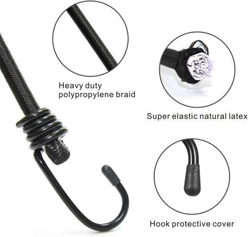 Heavy Duty Bungee Cords with Hooks, 24inch 4Pcs Elastic Straps for Securing Tarps, Luggage, Tents, Bikes (Black)