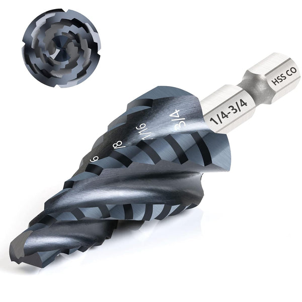 M35 Cobalt Step Drill Bit - Four Spiral Flute Unibit (1/4"-3/4") Wear-Resistant TiAlN Coated for Metal