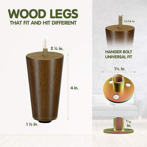 Yes4All 4 Inches Set 4 Round Wood Furniture Legs of - Wooden Replacement Feet for Couch, Bed, Bench - Adjustable Sofa