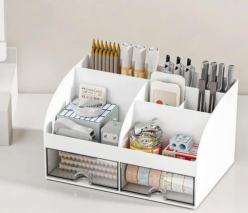 LA Bear White Desktop Organizer with Drawers for Office, Versatile Aesthetic Desk Organizer for Pens and Stationary
