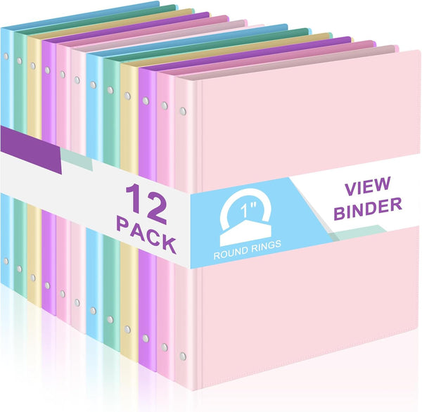 Fulmoon 12 Pcs 1 Inch 3 Ring Binder with 2 Interior Pockets, Round Rings, 3 Holes Binder Holds 175 Sheets, Snap Button
