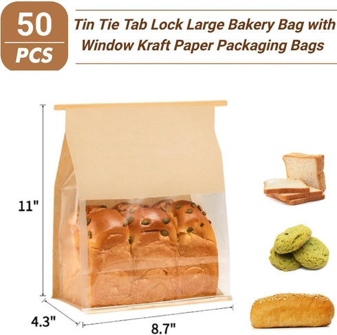 Packaging 50 Pack, 8.7x4.3x11 Inches, PAICUIKE Bread Bags Large Bakery Bag with Window Bags Tin Tie Tab Lock