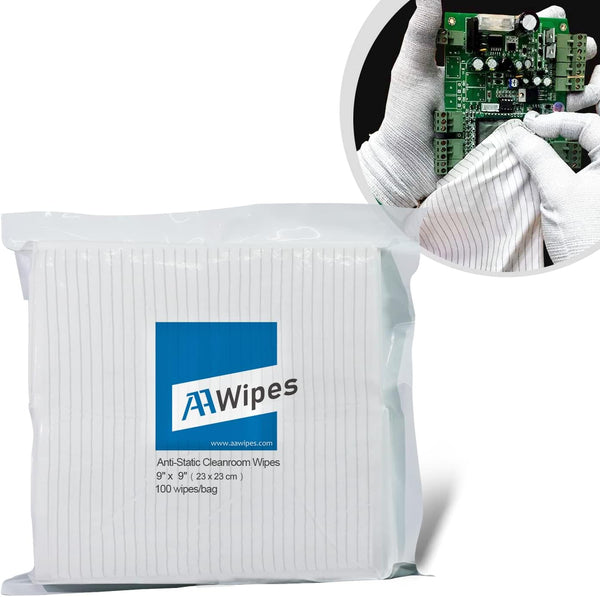 AAWipes ESD-Safe Wipes (9"x9", 100 pcs) - Lint-Free Cleanroom Cloth Wipers, Polyester-Carbon Blend