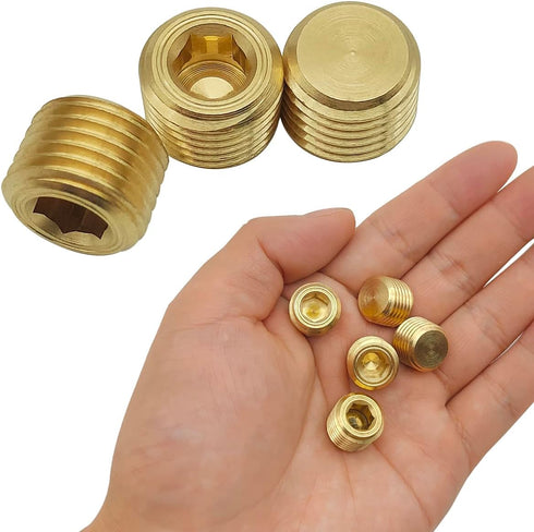 8 Pack 1/4 Inch NPT Male Brass Hex Counter Sunk Pipe Plug Kit for Water, Gas, Oil, Internal Hex Socket