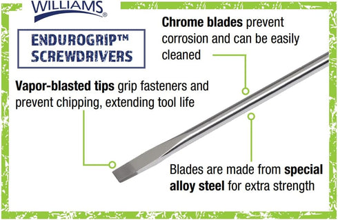 Williams JHWSDE-53 Endurogrip Cabinet Slotted Screwdriver, 3-Inch Blade Length, 1/8-Inch Tip