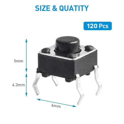 QTEATAK 120 Pcs Momentary Tactile Push Button Switch, 6 x 6mm x 5mm for PCB 4 Pin DIP, Black