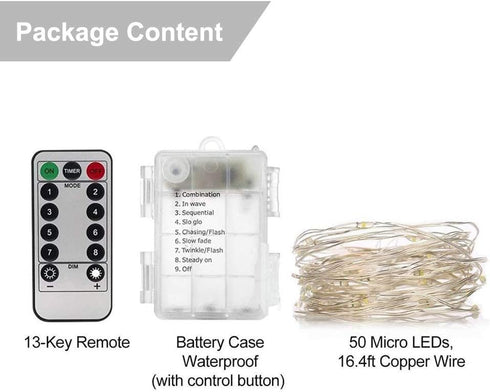 buways Fairy Lights, 2-Pack Battery Operated Waterproof Cool White 50 LED String Lights, 16.4ft Silver Wire with Remote