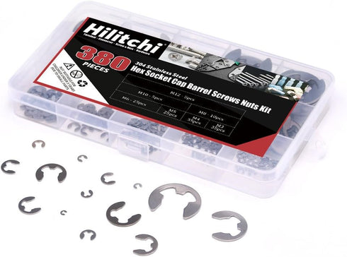 Hilitchi 380-Pcs E-Clip Circlip External Retaining Ring Assortment Set - 14 Sizes, 304 Stainless Steel