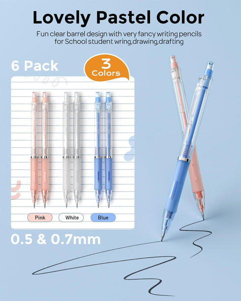 Nicpro 23PCS Pastel Mechanical Pencil 0.5 & 0.7 mm with Case, 12 Tubes HB Lead Refills, 3 Erasers for Student Writing