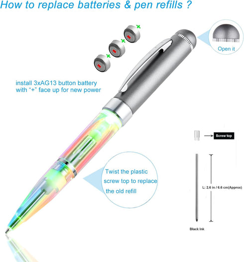 Pen With Light, 2pieces Light Up Pen, Battery Powered Color Changing Ballpoint Pens, 7 In 1 Multicolor Lighted Tip Pen