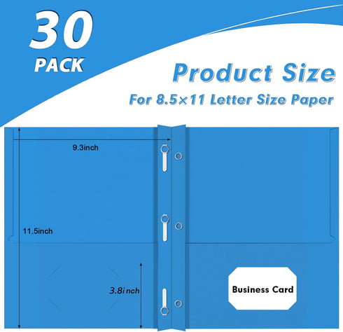 PANDRI Two Pocket Folders, 30 Pack with Prongs, Designed for Office and Classroom, Letter Size Light Blue