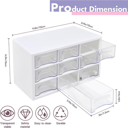 FODIENS Desk Storage Organizer with 9 Drawers, Stackable Craft Drawer Cabinet, Clear Box Caddy for Makeup Jewelry Office