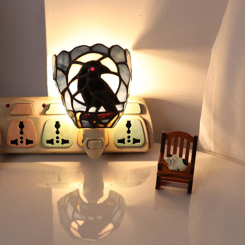 L12022 Bieye Tiffany Style Stained Glass Raven Plug-in Night Light Gothic Crow and Full Moon Design Bedside Wall Lamp
