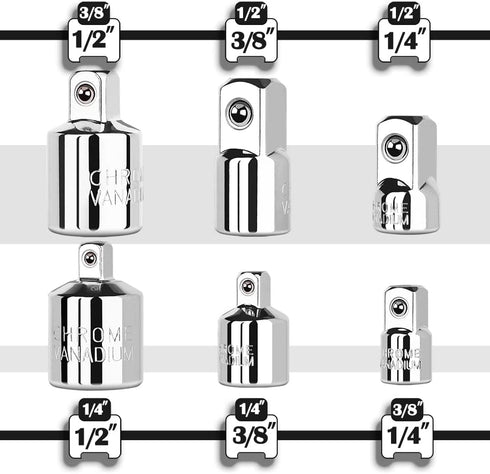 6 Piece Socket Adapter and Reducer Set, 1/4", 3/8", 1/2" Chrome Vanadium Steel Ratchet/Socket Extension/Conversion Kit for Automotive Maintenance by StrugDeas