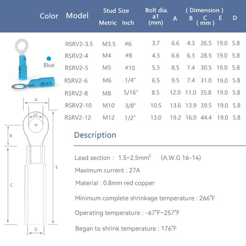 HKS 50 PCS Ring Terminals #10 Blue 16-14 AWG Electrical Connectors, Heat Shrink Wire Connector Kit